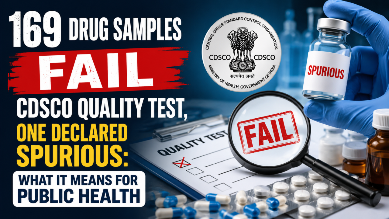 Thumbnail showing CDSCO drug quality test failure report with laboratory medicines, magnifying glass, spurious drug vial, and bold text highlighting 169 failed drug samples.
