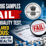 Thumbnail showing CDSCO drug quality test failure report with laboratory medicines, magnifying glass, spurious drug vial, and bold text highlighting 169 failed drug samples.