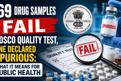 Thumbnail showing CDSCO drug quality test failure report with laboratory medicines, magnifying glass, spurious drug vial, and bold text highlighting 169 failed drug samples.