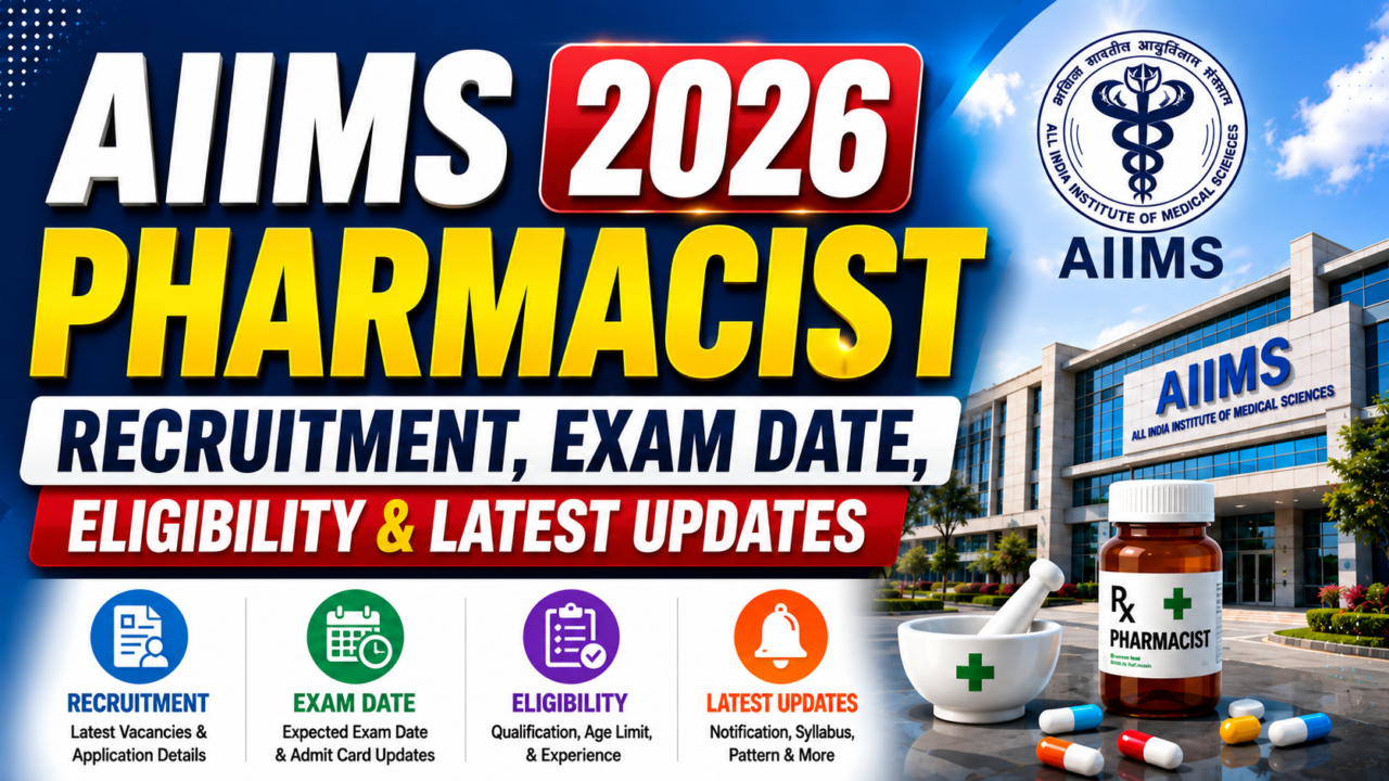 AIIMS Pharmacist 2026 recruitment thumbnail featuring AIIMS hospital building, pharmacist medicine bottle, eligibility, exam date, and latest updates information.