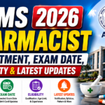 AIIMS Pharmacist 2026 recruitment thumbnail featuring AIIMS hospital building, pharmacist medicine bottle, eligibility, exam date, and latest updates information.