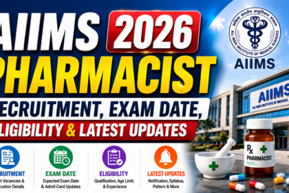 AIIMS Pharmacist 2026 recruitment thumbnail featuring AIIMS hospital building, pharmacist medicine bottle, eligibility, exam date, and latest updates information.