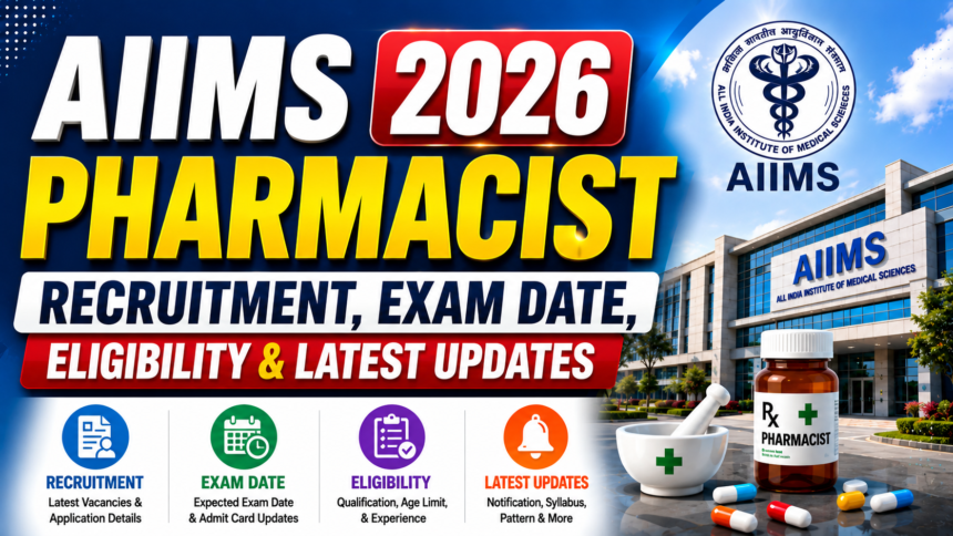 AIIMS Pharmacist 2026 recruitment thumbnail featuring AIIMS hospital building, pharmacist medicine bottle, eligibility, exam date, and latest updates information.