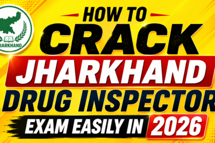 Bright yellow gradient thumbnail for Jharkhand Drug Inspector Exam 2026 with bold black and red typography, Jharkhand logo, and eye-catching competitive exam design.