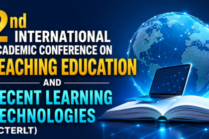 Professional conference thumbnail featuring a digital globe, laptop, and open book representing modern education and learning technologies, with the title "2nd International Academic Conference on Teaching Education and Recent Learning Technologies (ICTERLT)".