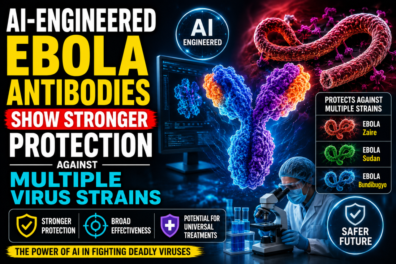 AI-designed Ebola antibodies visualized with virus strains, laboratory research, and advanced biotechnology graphics.