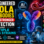 AI-designed Ebola antibodies visualized with virus strains, laboratory research, and advanced biotechnology graphics.