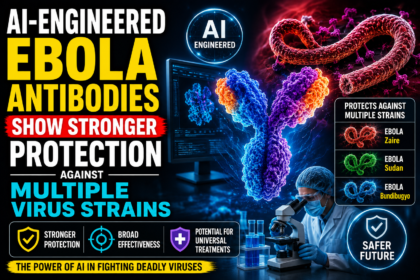 AI-designed Ebola antibodies visualized with virus strains, laboratory research, and advanced biotechnology graphics.