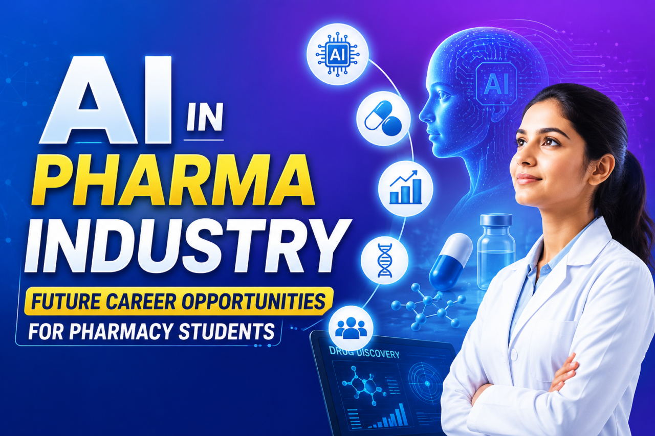 Thumbnail showing AI technology in the pharmaceutical industry with a pharmacy student, digital AI face, medicine icons, and futuristic gradient background.