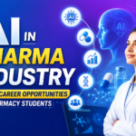 Thumbnail showing AI technology in the pharmaceutical industry with a pharmacy student, digital AI face, medicine icons, and futuristic gradient background.