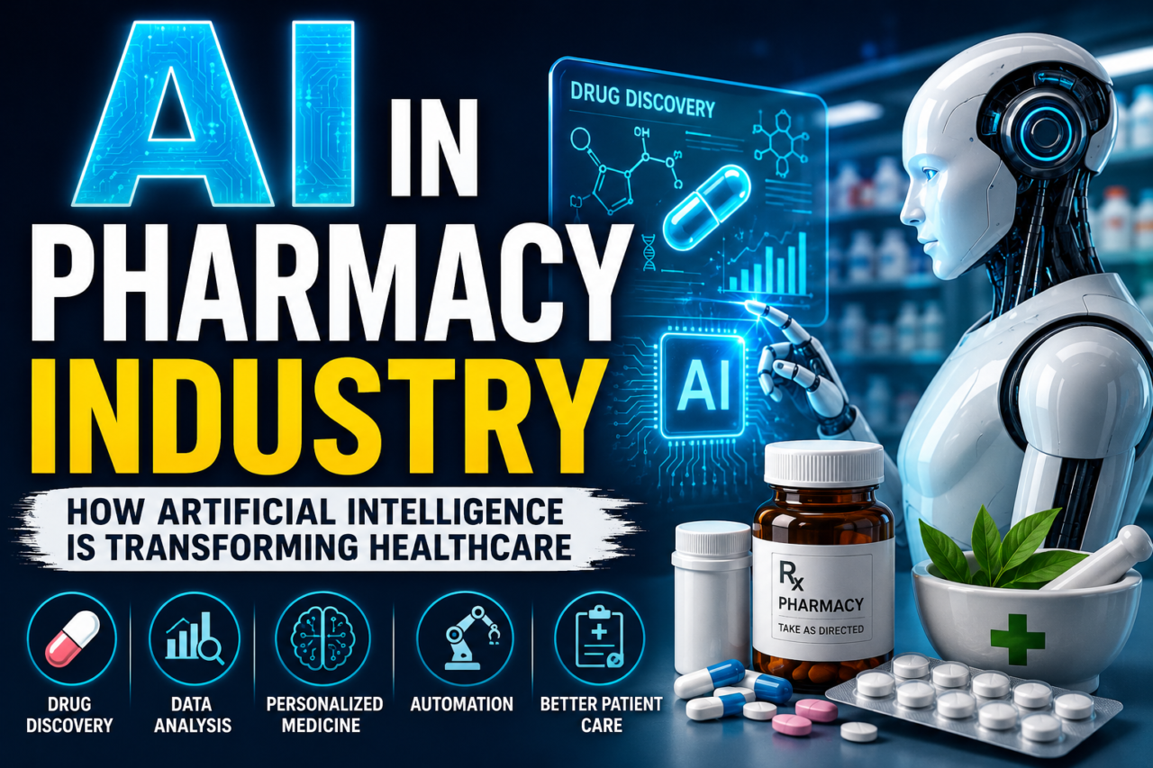 Futuristic AI in Pharmacy Industry thumbnail showing a humanoid robot, medicine bottles, digital healthcare graphics, and bold text about artificial intelligence in healthcare.