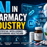 Futuristic AI in Pharmacy Industry thumbnail showing a humanoid robot, medicine bottles, digital healthcare graphics, and bold text about artificial intelligence in healthcare.