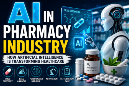 Futuristic AI in Pharmacy Industry thumbnail showing a humanoid robot, medicine bottles, digital healthcare graphics, and bold text about artificial intelligence in healthcare.