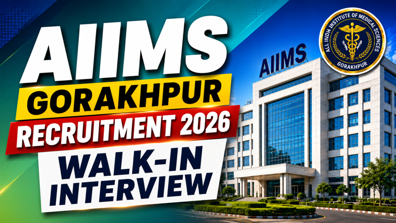 AIIMS Gorakhpur Recruitment 2026 walk-in interview thumbnail with AIIMS hospital building and bold colorful recruitment text.