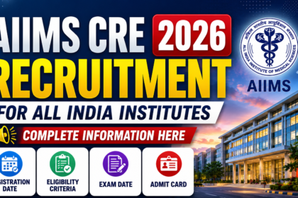 AIIMS CRE 2026 recruitment thumbnail with modern blue background, AIIMS logo, institute building, and information about registration, eligibility, exam date, and admit card.