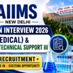 AIIMS New Delhi Walk-In Interview 2026 thumbnail featuring JRF (Medical) and Project Technical Support III recruitment with AIIMS building, microscope, laboratory equipment, and modern blue recruitment design.