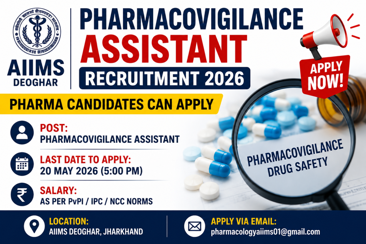 AIIMS Deoghar Pharmacovigilance Assistant Recruitment 2026 thumbnail with bold red and blue text, medical capsules, magnifying glass, and apply now icon.