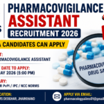 AIIMS Deoghar Pharmacovigilance Assistant Recruitment 2026 thumbnail with bold red and blue text, medical capsules, magnifying glass, and apply now icon.