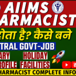 AIIMS Pharmacist YouTube thumbnail with bold text about Central Government Job, salary, holiday, job profile, and facilities.