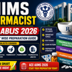 Attractive AIIMS Pharmacist Syllabus 2026 thumbnail featuring pharmacy books, AIIMS building, syllabus topics, and exam preparation elements for pharmacist exam aspirants.