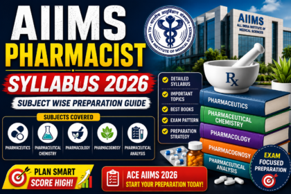 Attractive AIIMS Pharmacist Syllabus 2026 thumbnail featuring pharmacy books, AIIMS building, syllabus topics, and exam preparation elements for pharmacist exam aspirants.