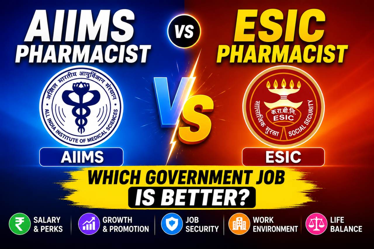 AIIMS Pharmacist vs ESIC Pharmacist comparison thumbnail featuring AIIMS and ESIC logos with blue and red gradient background and bold government job comparison text.