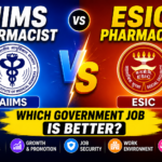 AIIMS Pharmacist vs ESIC Pharmacist comparison thumbnail featuring AIIMS and ESIC logos with blue and red gradient background and bold government job comparison text.
