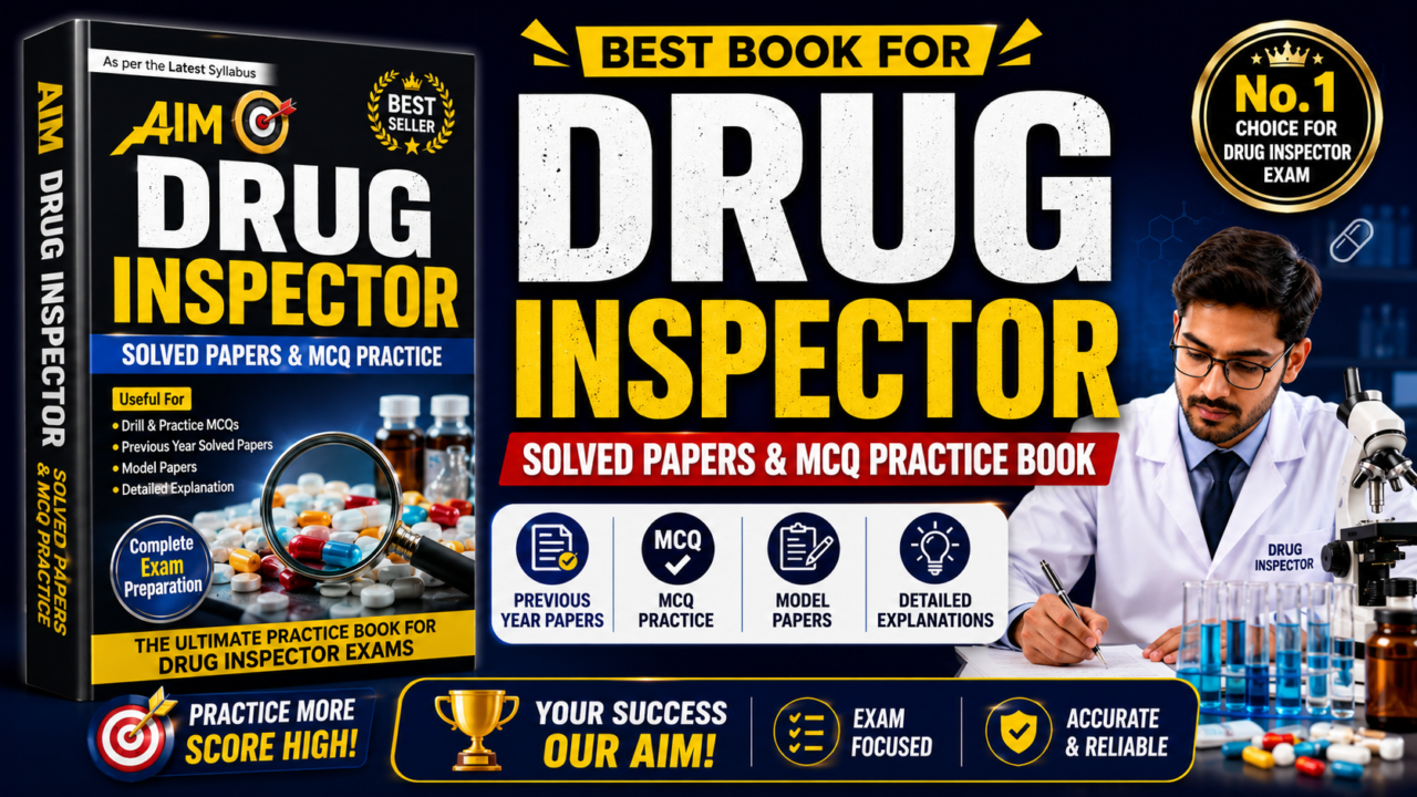 A colorful promotional thumbnail for AIM Drug Inspector Solved Papers & MCQ Practice Book featuring a large exam preparation book, laboratory background, medicine capsules, and a drug inspector writing notes beside scientific equipment.
