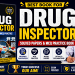 A colorful promotional thumbnail for AIM Drug Inspector Solved Papers & MCQ Practice Book featuring a large exam preparation book, laboratory background, medicine capsules, and a drug inspector writing notes beside scientific equipment.
