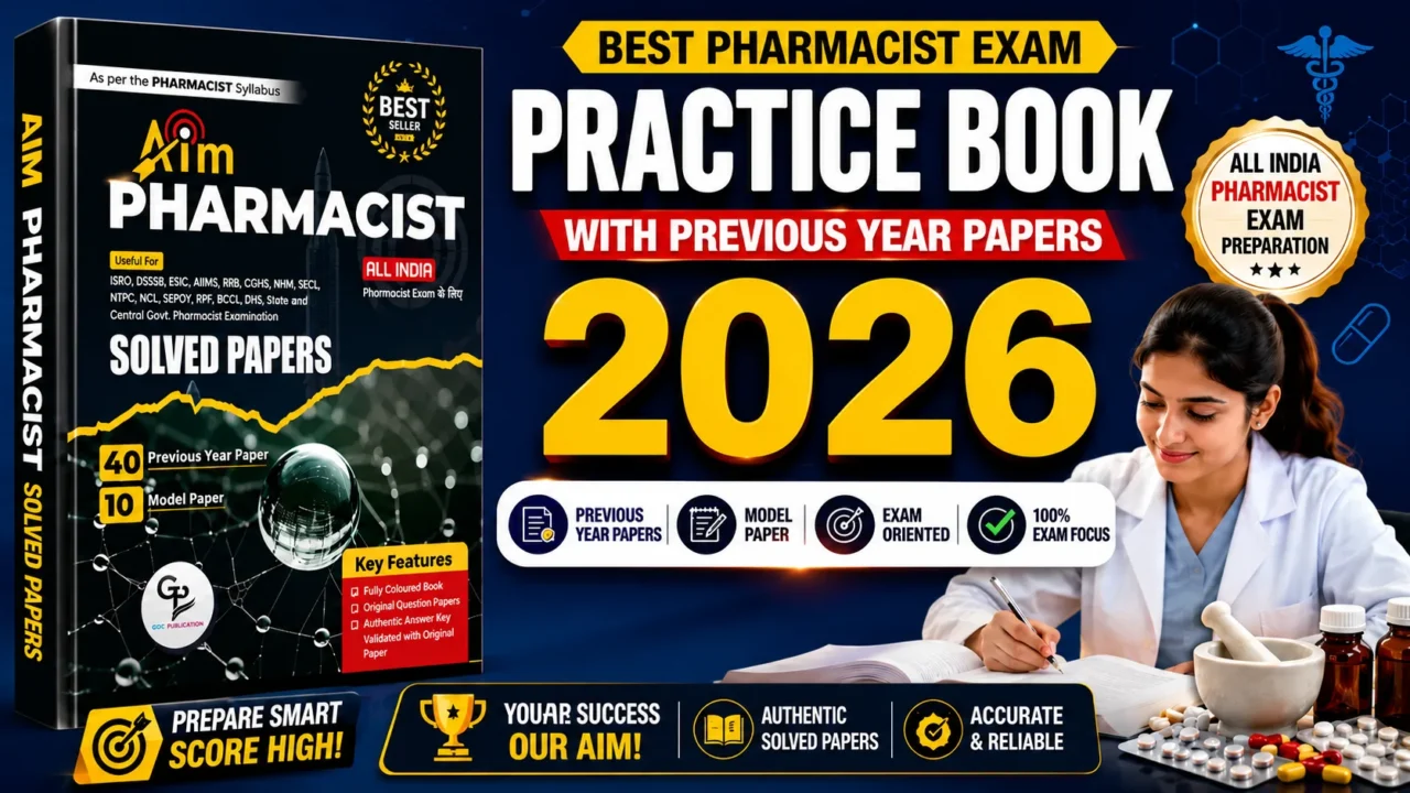 Aim Pharmacist Solved Papers 2026 practice book thumbnail featuring pharmacy exam preparation material, solved papers, previous year questions, and a pharmacy student studying.
