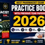 Aim Pharmacist Solved Papers 2026 practice book thumbnail featuring pharmacy exam preparation material, solved papers, previous year questions, and a pharmacy student studying.