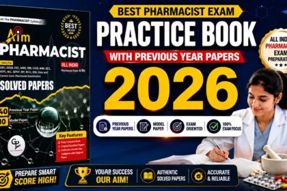 Aim Pharmacist Solved Papers 2026 practice book thumbnail featuring pharmacy exam preparation material, solved papers, previous year questions, and a pharmacy student studying.