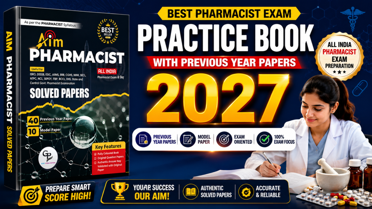 Eye-catching thumbnail for AIM Pharmacist Book 2027 featuring solved previous year papers, pharmacist exam preparation, model papers, and a pharmacy student studying.