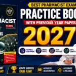 Eye-catching thumbnail for AIM Pharmacist Book 2027 featuring solved previous year papers, pharmacist exam preparation, model papers, and a pharmacy student studying.