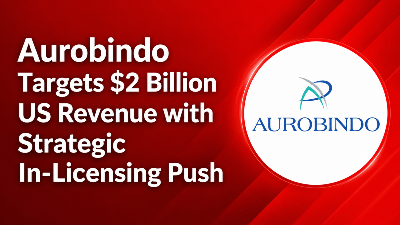 A red gradient news-style thumbnail featuring the Aurobindo logo and the headline “Aurobindo Targets $2 Billion US Revenue with Strategic In-Licensing Push”.