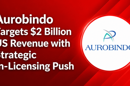 A red gradient news-style thumbnail featuring the Aurobindo logo and the headline “Aurobindo Targets $2 Billion US Revenue with Strategic In-Licensing Push”.