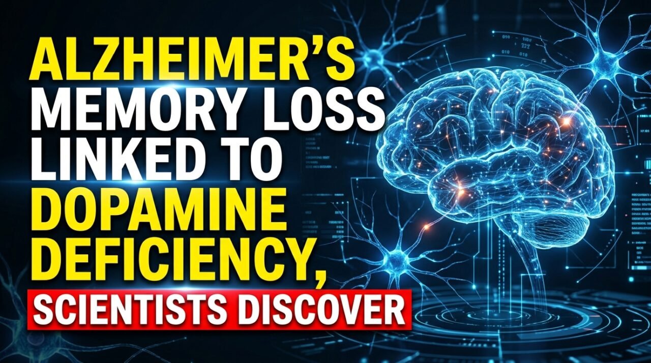 Futuristic medical thumbnail showing a glowing digital brain with neural connections and bold text about Alzheimer’s memory loss linked to dopamine deficiency.