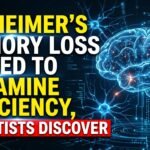 Futuristic medical thumbnail showing a glowing digital brain with neural connections and bold text about Alzheimer’s memory loss linked to dopamine deficiency.