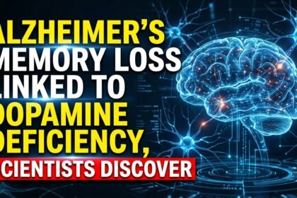 Futuristic medical thumbnail showing a glowing digital brain with neural connections and bold text about Alzheimer’s memory loss linked to dopamine deficiency.