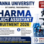 Anna University Pharma Project Assistant Recruitment 2026 thumbnail featuring laboratory research visuals, microscope, molecular structure, and pharmaceutical research theme with CMRG Scheme 2025-26 banner.