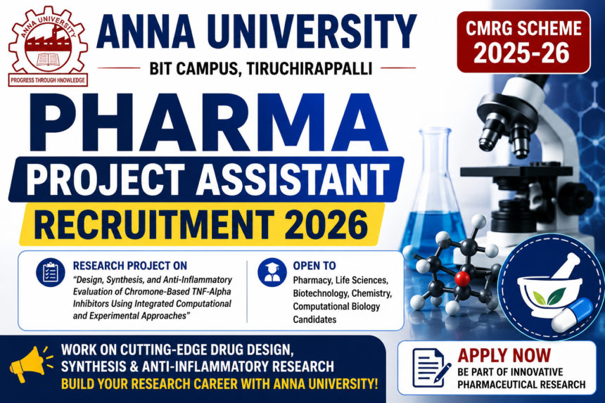 Anna University Pharma Project Assistant Recruitment 2026 thumbnail featuring laboratory research visuals, microscope, molecular structure, and pharmaceutical research theme with CMRG Scheme 2025-26 banner.