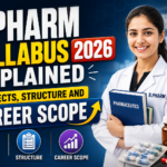 Eye-catching YouTube thumbnail for B.Pharm Syllabus 2026 featuring a pharmacy student in a lab coat, bold typography about subjects, structure, and career scope, with medicine and pharmacy-related elements on a blue background.
