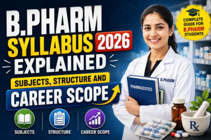 Eye-catching YouTube thumbnail for B.Pharm Syllabus 2026 featuring a pharmacy student in a lab coat, bold typography about subjects, structure, and career scope, with medicine and pharmacy-related elements on a blue background.
