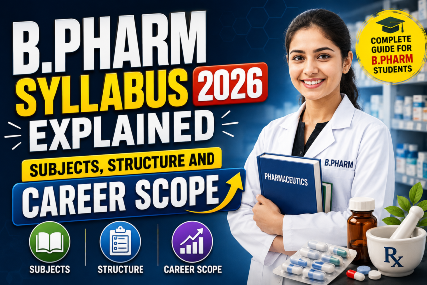 Eye-catching YouTube thumbnail for B.Pharm Syllabus 2026 featuring a pharmacy student in a lab coat, bold typography about subjects, structure, and career scope, with medicine and pharmacy-related elements on a blue background.
