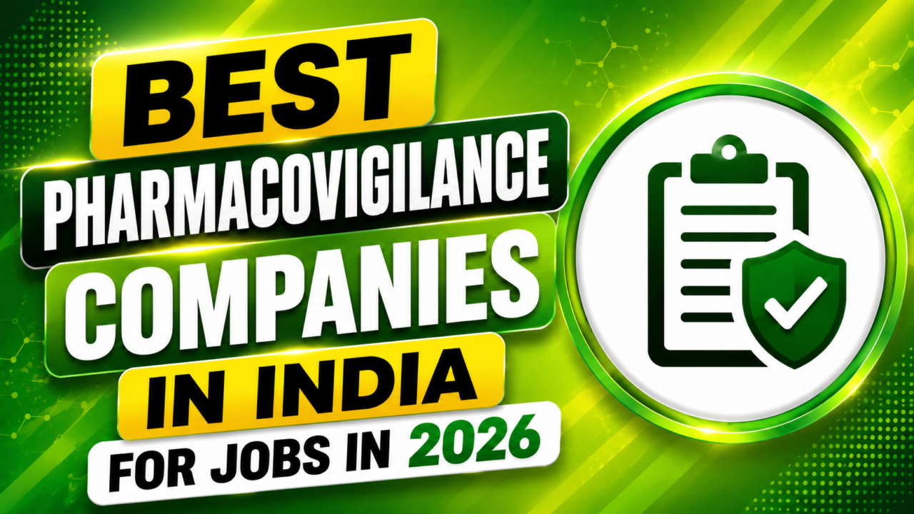 Green gradient YouTube thumbnail featuring the best pharmacovigilance companies in India for jobs in 2026, with a drug safety checklist icon, modern healthcare design elements, and bold professional typography.