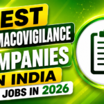Green gradient YouTube thumbnail featuring the best pharmacovigilance companies in India for jobs in 2026, with a drug safety checklist icon, modern healthcare design elements, and bold professional typography.