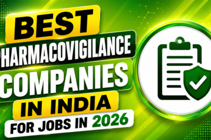 Green gradient YouTube thumbnail featuring the best pharmacovigilance companies in India for jobs in 2026, with a drug safety checklist icon, modern healthcare design elements, and bold professional typography.
