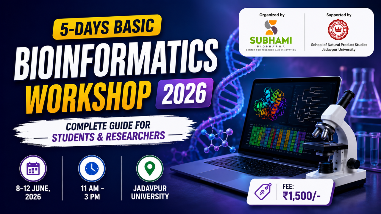 Modern 16:9 thumbnail for a 5-Days Basic Bioinformatics Workshop 2026 featuring bioinformatics graphics, DNA structure, laptop, microscope, and workshop details in a professional science-themed design.
