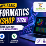 Modern 16:9 thumbnail for a 5-Days Basic Bioinformatics Workshop 2026 featuring bioinformatics graphics, DNA structure, laptop, microscope, and workshop details in a professional science-themed design.
