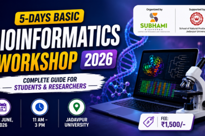 Modern 16:9 thumbnail for a 5-Days Basic Bioinformatics Workshop 2026 featuring bioinformatics graphics, DNA structure, laptop, microscope, and workshop details in a professional science-themed design.